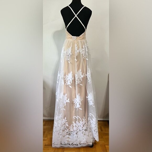 Luxxel, Women’s Long V-Neck Illusion Open Back Dress - White/Nude. Size: S. NWT - Picture 4 of 16